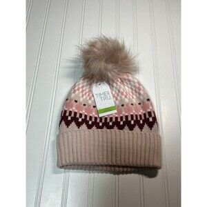 Time and Tru Women's Pom Fair Isle Pink Beanie NWT